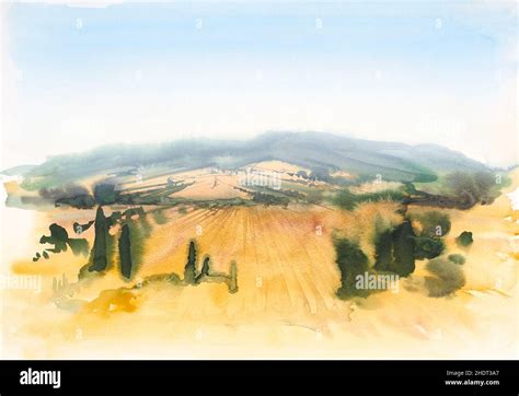 watercolor painting, tuscany, countryside painting, tuscanies Stock Photo - Alamy