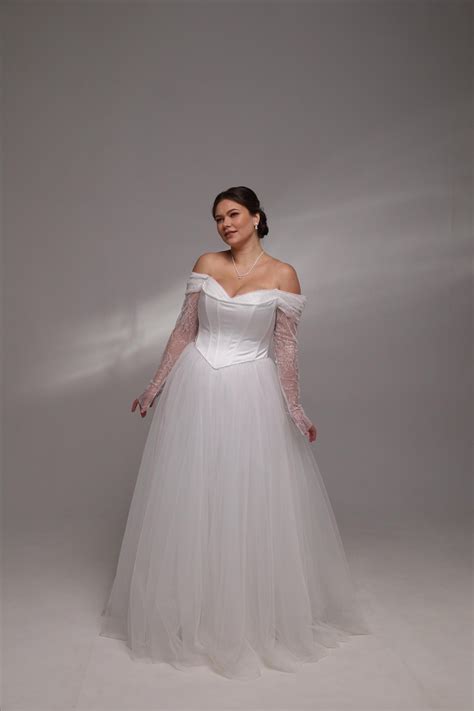 Elegant Off-shoulder Corset Wedding Dress With Lace Sleeves and Tulle