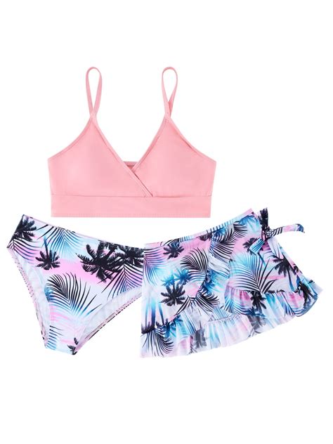 Girls Piece Swimsuits Floral Print Cute Bikini Set High Waisted Bathing Suit With Cover Up