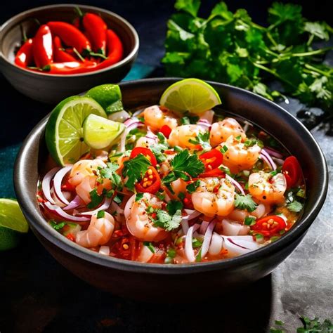Ceviche Mariscos Frescos A Menudo Camarones O Pescado Marinado En Jugo De Lima Mezclado Con