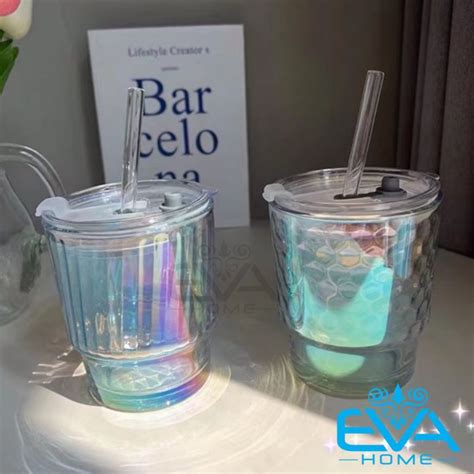 Ly Thuỷ Tinh Hot Trend Màu Cầu Vòng Óng Ánh 400ML Có Nắp Đậy Và Ống Hút Sang Trọng Phong Cách