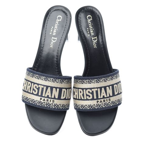 Christian Dior Canvas Embroidered Dway Heeled Slide Sandals 365 Deep Blue 742766 Fashionphile