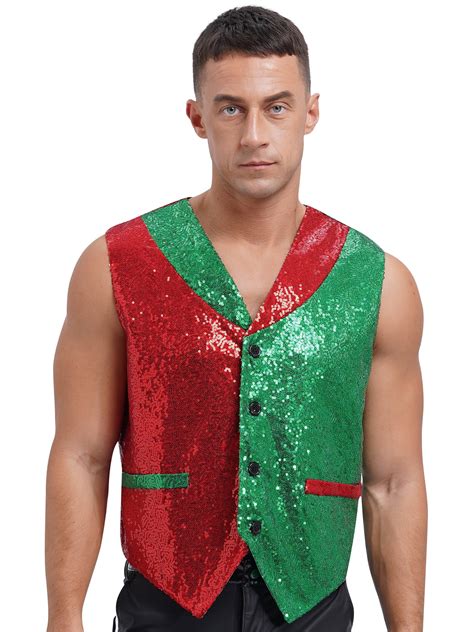 Sxiwei Mens Shiny Christmas Vest Top Color Patchwork Vest Santa Elf
