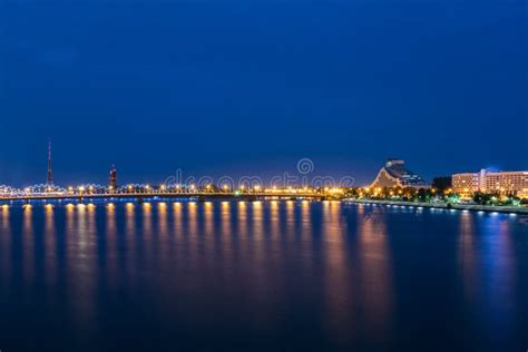 Night Cityscape of Riga, Latvia. View on the National Library of Latvia Stock Image - Image of ...