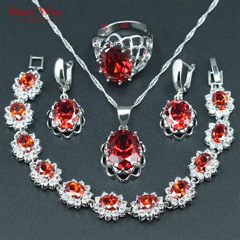 Red Cubic Zirconia Silver 925 Color Jewelry Set For Women Drop Earrings Ring Earrings Pendants