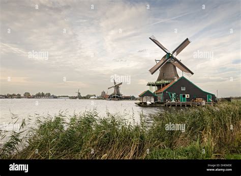 Traditional Dutch Windmills At Zaanse Schans Vintage Look Stock Photo