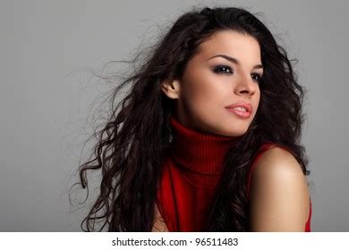 Pretty Curly Haired Brunette Girl Red Stock Photo Shutterstock