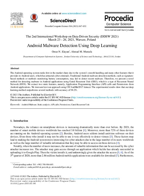 Pdf Android Malware Detection Using Deep Learning