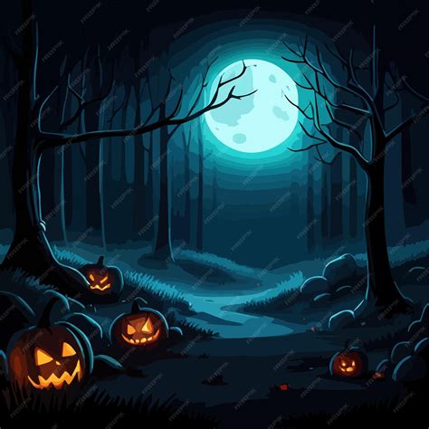 Хэллоуинские тыквы и силуэты деревьев в темном ночном лесу с ...
