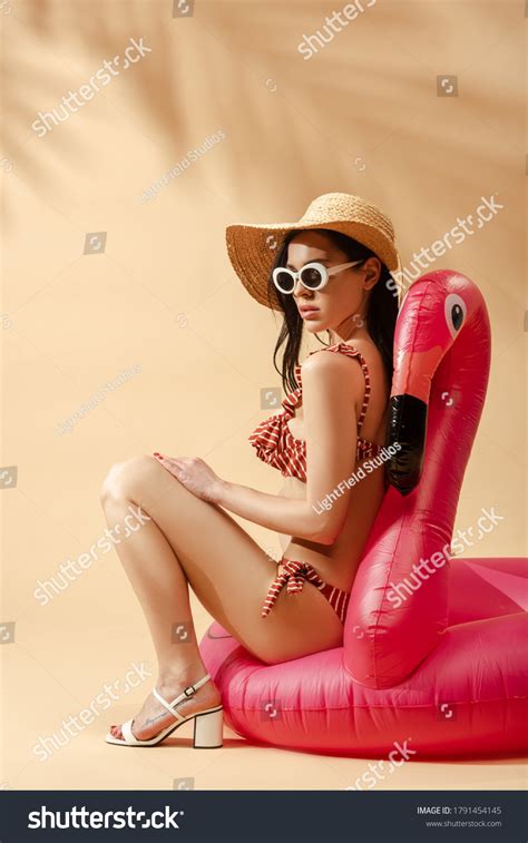 Sexy Brunette Woman Striped Swimsuit Sunglasses Stock Photo 1791454145 Shutterstock