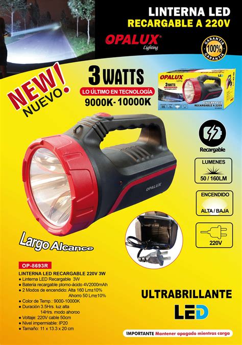 Linterna Led Recargable 3W Opalux OP 87693R Al Por Mayor Prosinfer