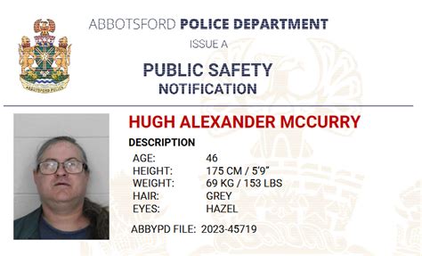 Abbotsford Police Issue Public Notification Sex Offender Hugh Alexander McCurry Now Resides In
