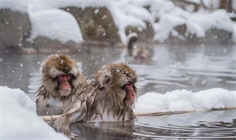 Snow Monkeys Bathing In Hot Springs Playful Premium AI Generated Image