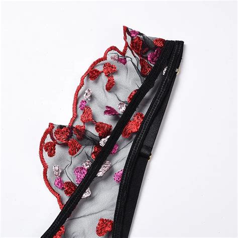 Ellolace Ruffled Sexy Lingerie Set Heart Shaped Embroidery Underwear Set Bra With Bones