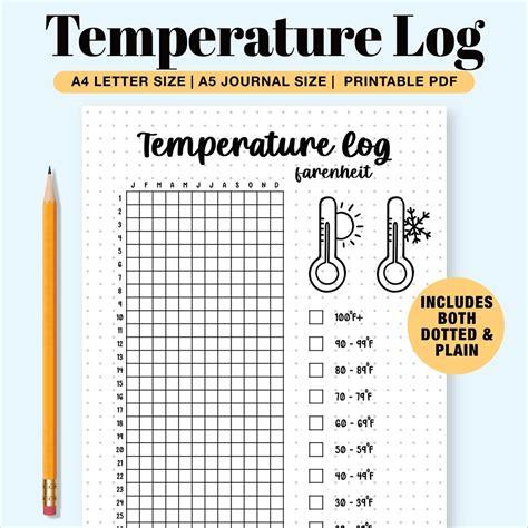 yearly temperature log temperature tracker journal page planner page