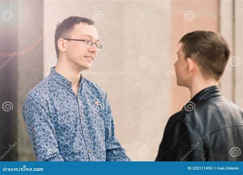 Cute Gay Couple In The City Tender Gentle Kissing Smiling Stock Photo Image Of Lgbt Dating