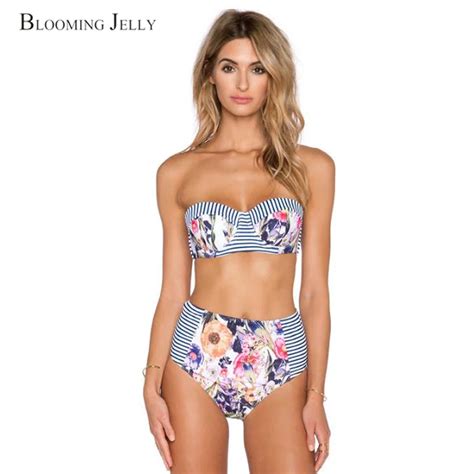 Blooming Jelly Push Up High Waist Bikini Women Striped Floral Print