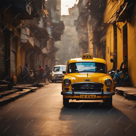 Premium AI Image | Indian Kolkata traditional yellow taxi in the city