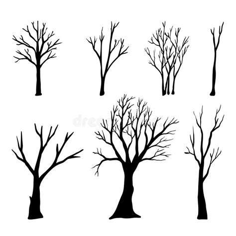 Set Of Hand Drawn Vector Doodle Naked Trees Silhouettes Sketch
