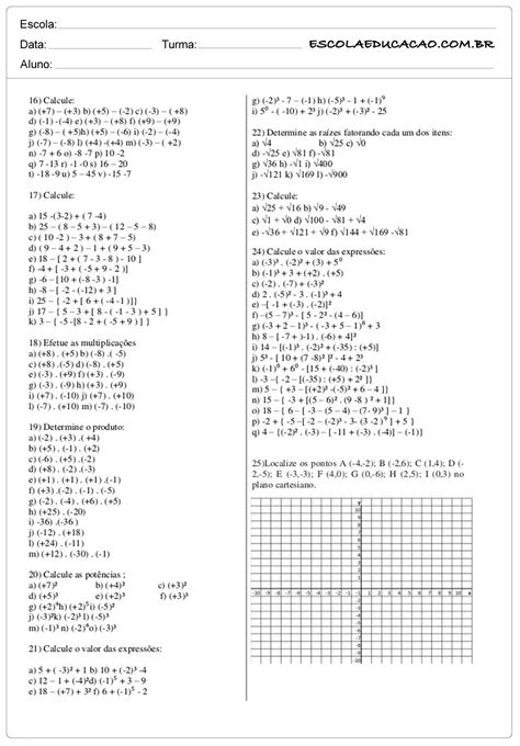 Atividades de Matemática 7º ano - Atividades Educativas - Escola Educação