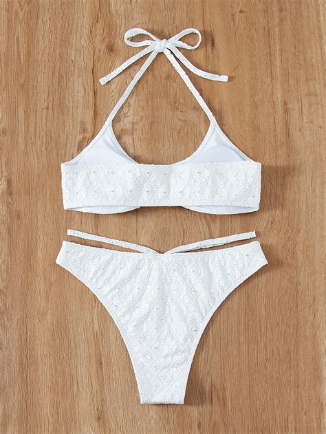 China Womens Halter Triangle Bikini Jacquard String Smocked Swimwear Cheeky Strappy Thong