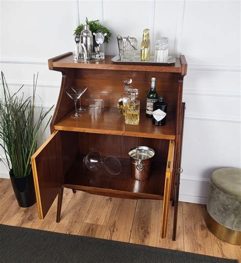 Mid Century Art Deco Italian Walnut Wood And Brass Dry Bar Cabinet By