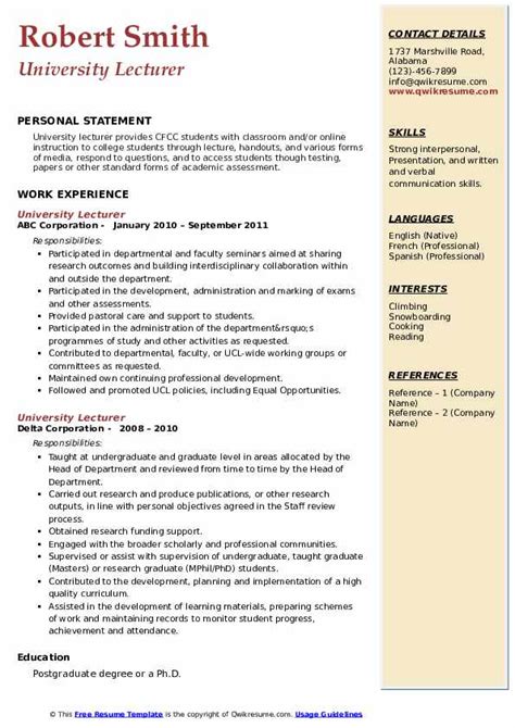 University Lecturer Resume Samples Templates For