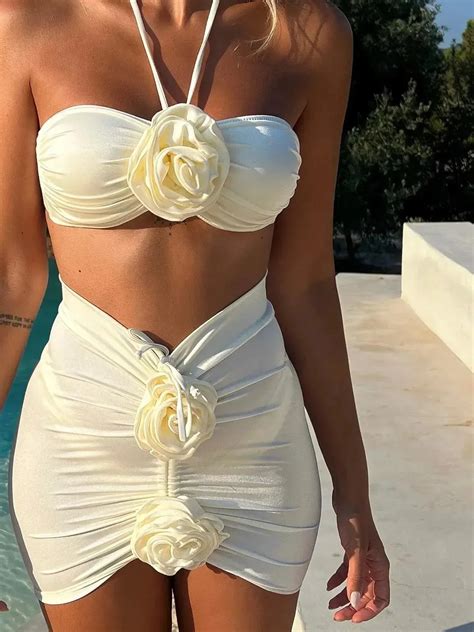 Sexy White Bikini Sets D Floral Push Up Swimwear With Skirt Black