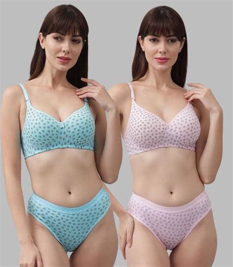 Buy Beach Curve Women Cotton Bra Panty Set For Lingerie Set Pack Of 2 Color Blue Pink