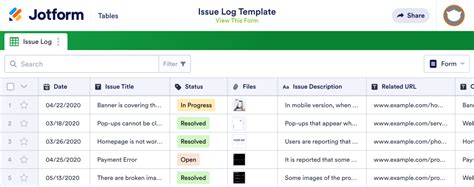 Issue Log Template Jotform Tables