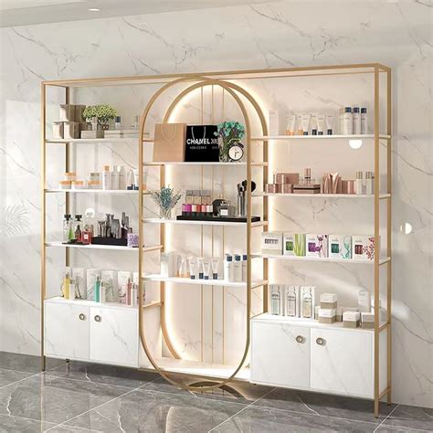 Custom Wooden Wall Cosmetic Shelves Display Cabinet And Makeup Display
