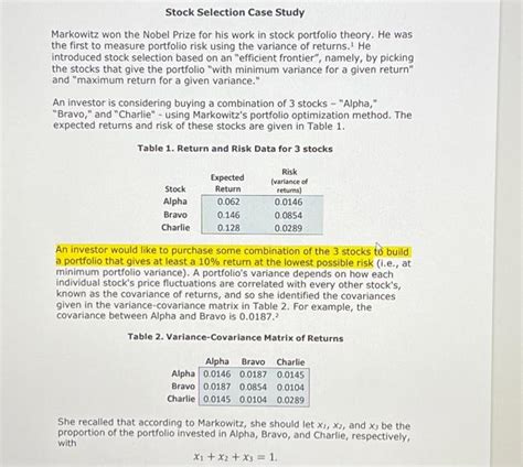 Solved Stock Selection Case Study Markowitz Won The Nobel Chegg