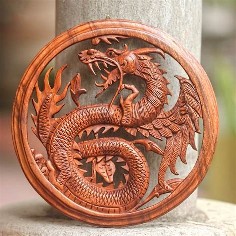 Dragon With Lotus Bud Dragon Decor Wood Carving Art Wood Carving