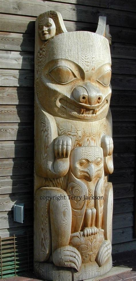 Hand Crafted Bear With Hawk Pole Totem Pole Northwest Coast Native Art