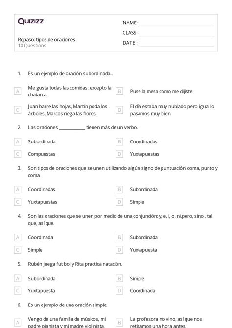 Tipos De Oraciones Hojas De Trabajo Para Grado En Quizizz