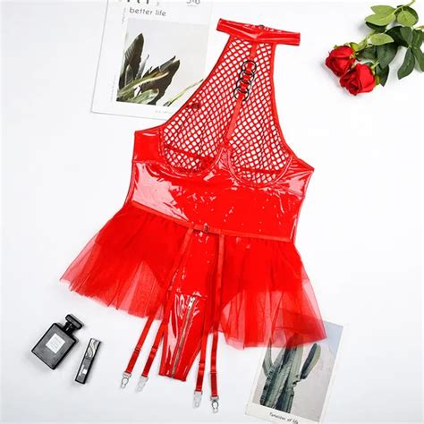 Dropship Sexy Patent Leather One Piece Mesh Backless See Through Sexy Lingerie Set To Sell