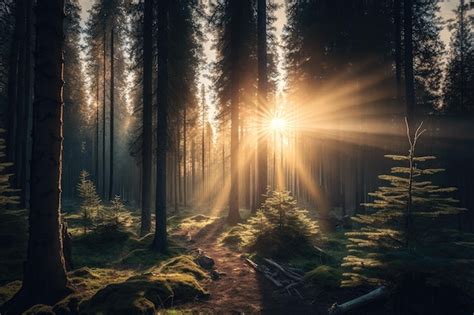 Premium Ai Image Spruce Forest At Sunrise With The Sun Shining