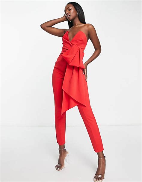 Asos Design Scuba Plunge Bandeau Jumpsuit With Bow Detail In Red Asos