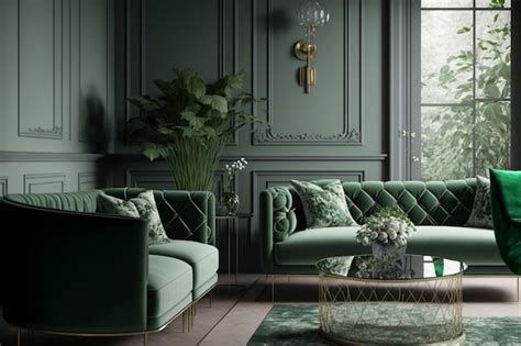 Premium Photo Grey Green Living Room Evergreen Fog Is The Color
