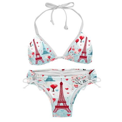 Eiffel Tower Valentine S Day Swimwear Bikini Set With Detachable Sponge Adjustable Strap Two