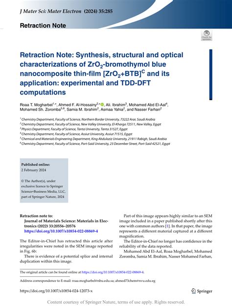 Retraction Note Synthesis Structural And Optical Characterizations Of