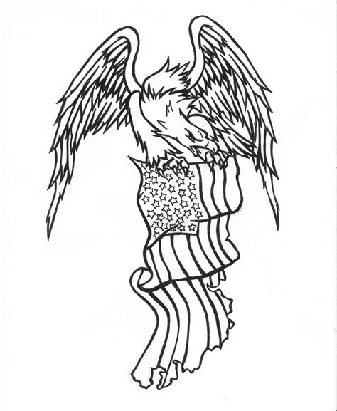 Angry black-line eagle keeping uncolored american flag tattoo design