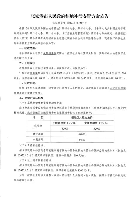 征地补偿安置方案公告（张征补安置[2023]第246号、第247号） 张家港市自然资源和规划局