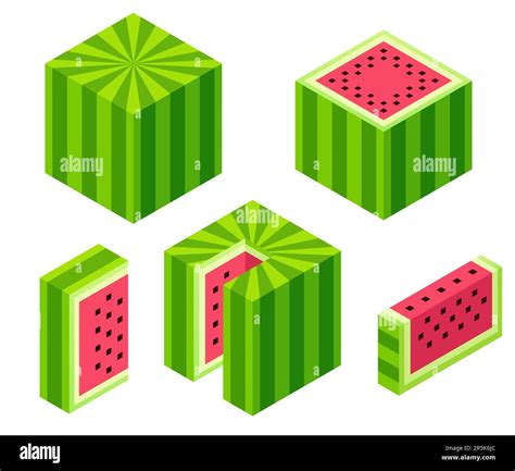 Isometric D Watermelon Cube Set Whole Cross Section Cut Slices