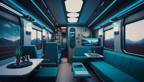 Premium Photo | A train with a blue interior and a table with a ...