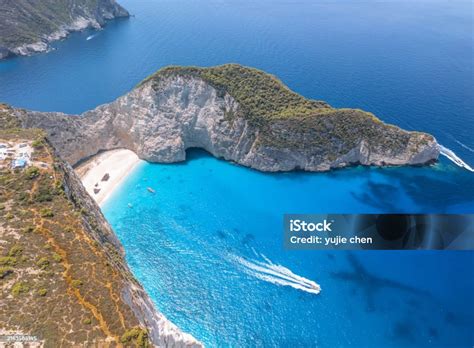 navagio beach zakynthos island drone aerial view  famous shipwreck