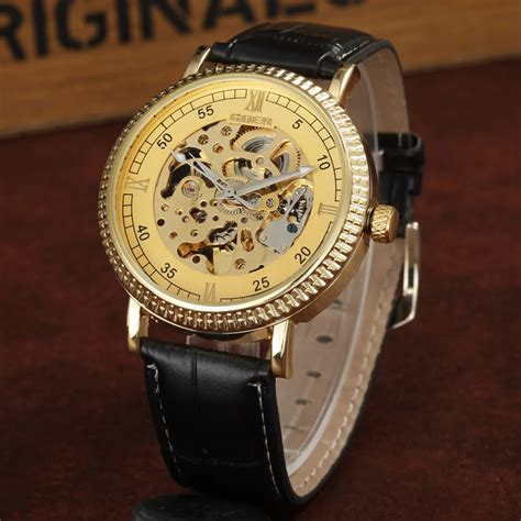 Aliexpress.com : Buy GOER Gold Mechanical Watches Men PU Leather Automatic Self Wind Mechanical ...