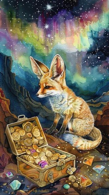 Enchanting Fennec Fox Discovering Magical Treasure Chest in Dreamlike ...