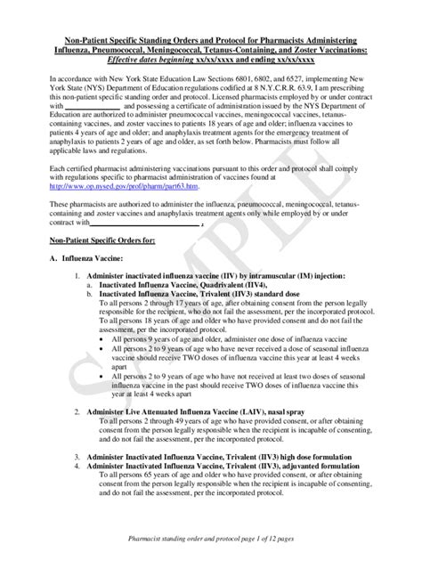 Fillable Online Non Patient Specific Standing Orders And Protocol For