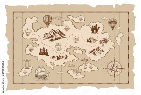 Old treasure map vector sketch. Hand drawn illustrations, vector. Stock ...